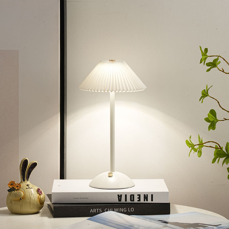 Modern Scandinavian Rechargeable Conic Pleated Fabric Table Lamp for Bedroom