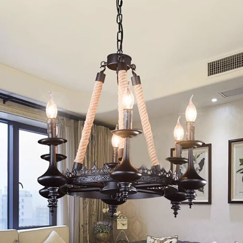 Rustic Iron and Hemp Rope Round Candelabra Chandelier for Living Room