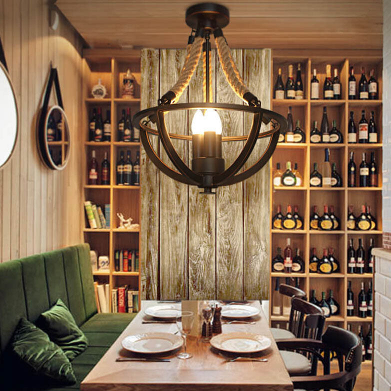 Rustic Industrial Iron 3-Light Twine Chandelier Pendant for Kitchen Island
