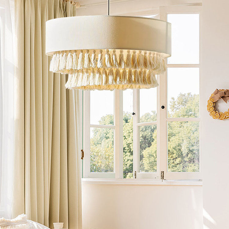 Bohemian Fabric Cylinder Tassel Chandelier Light for Living Room Decor