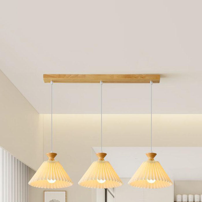 Traditional Japanese Pleated Cone Rubberwood Chandelier for Living Room