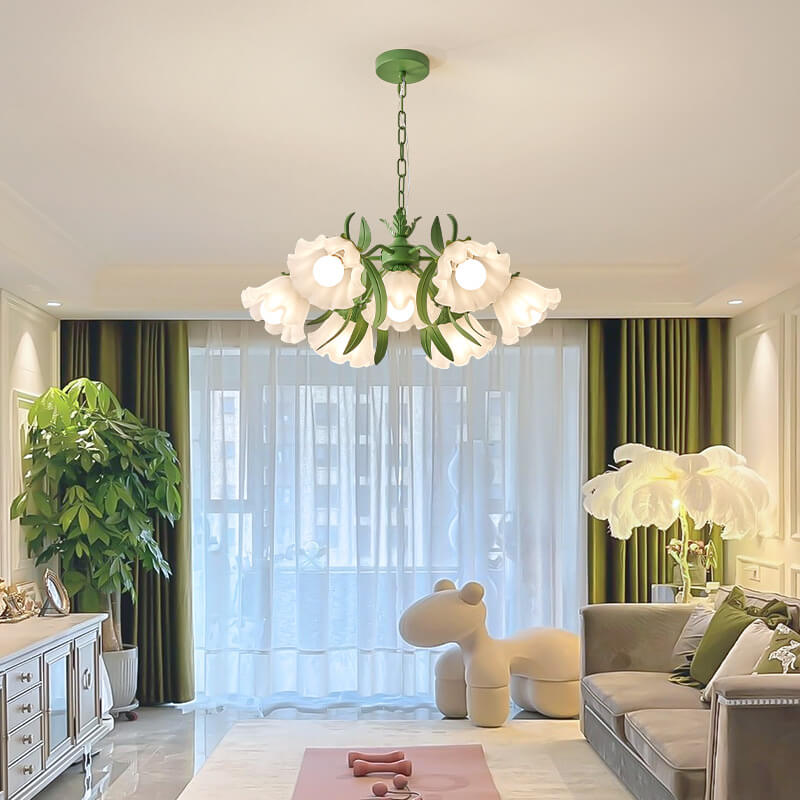Modern Black Iron & Glass Bell Orchid Chandelier for Living Room 4-9 Lights
