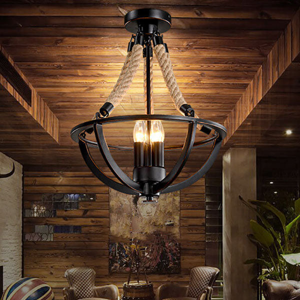 Rustic Industrial Iron 3-Light Twine Chandelier Pendant for Kitchen Island