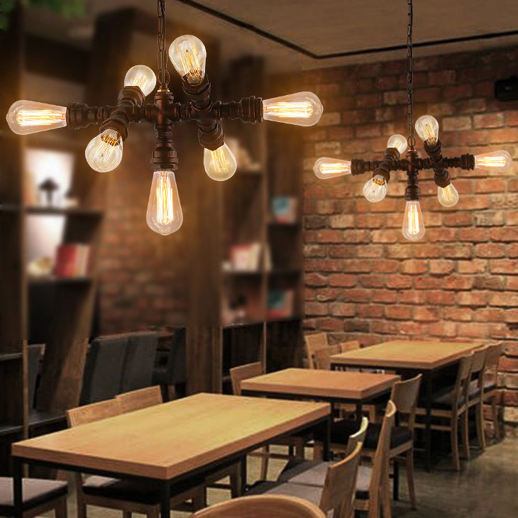 Rustic Industrial Black Iron 7-Light Water Pipe Chandelier for Loft Dining