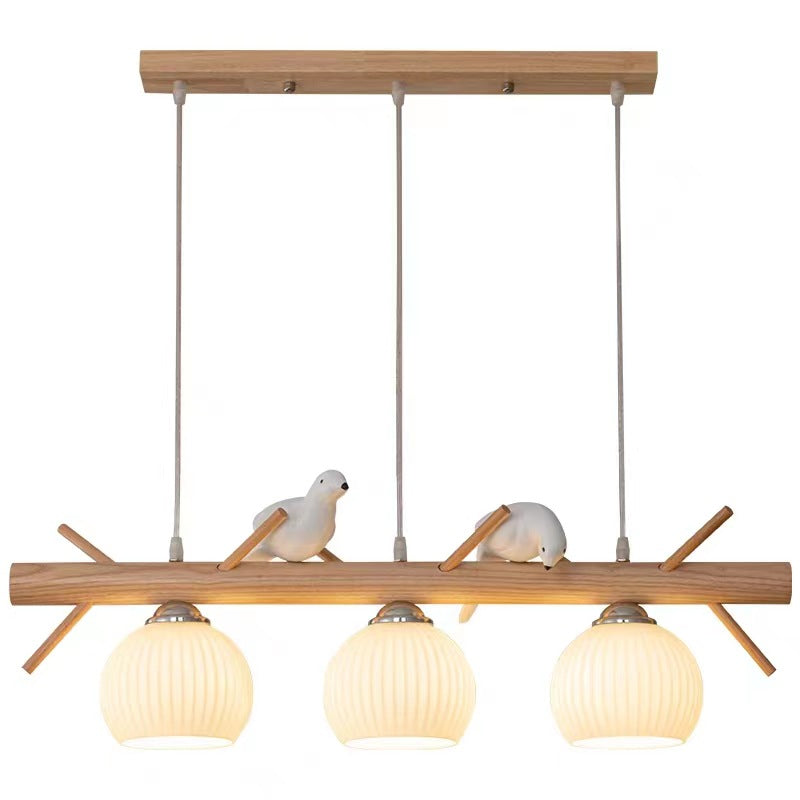 Elegant Traditional Japanese Wood and Glass 3-Light Chandelier for Living Room