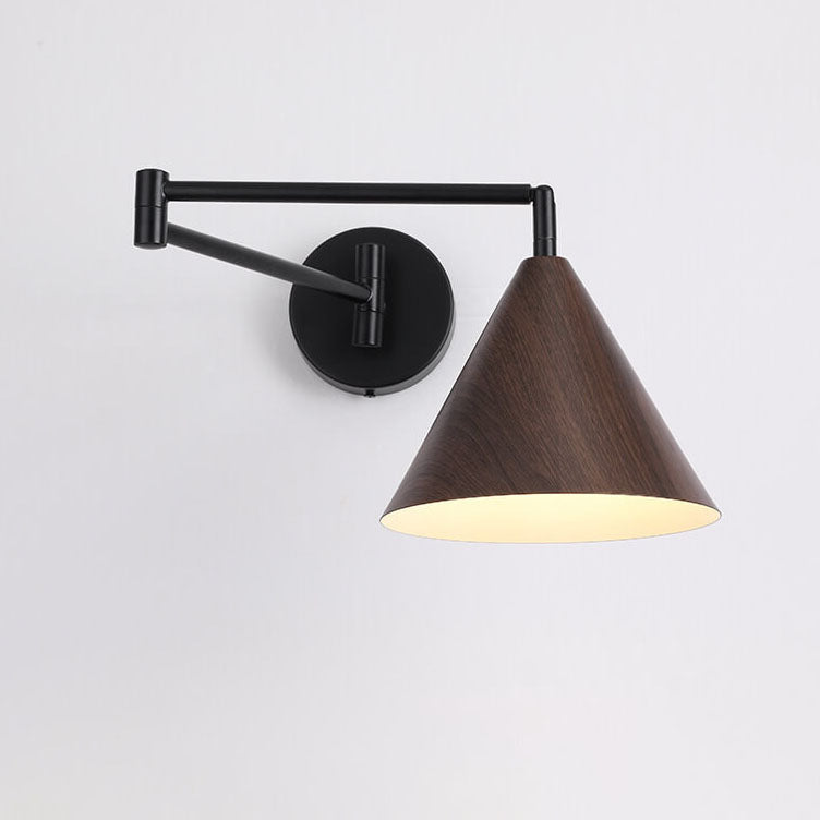 Modern Wood Grain Iron Cone Swing Arm Wall Sconce for Bedroom Decor