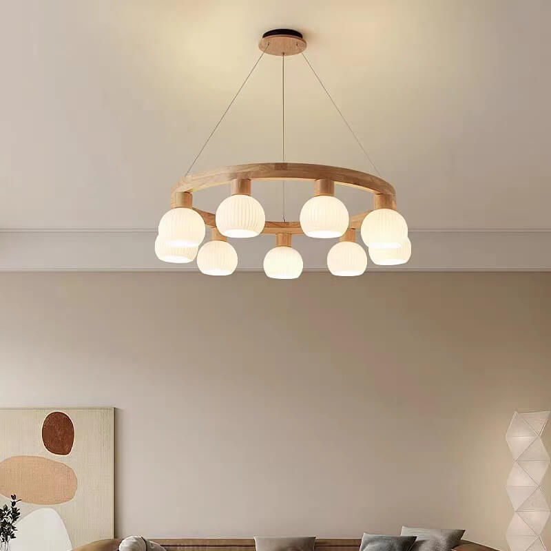 Rustic Japanese Style Textured Glass Globe Chandelier for Living Room