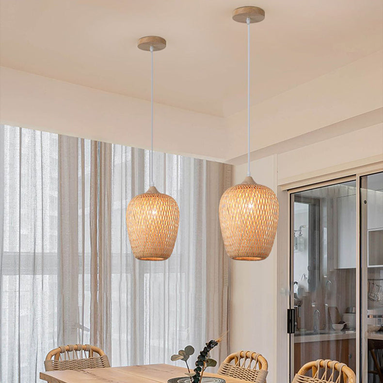 Modern Bamboo Woven Cylinder Chandelier Pendant Light for Living Room