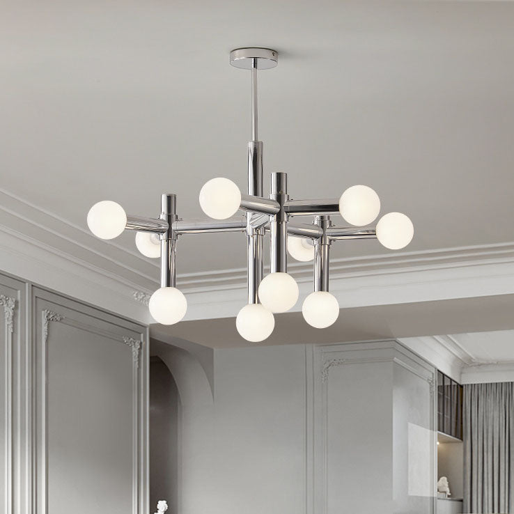 Mid-Century Modern Silver Iron 10-Light Glass Ball Chandelier for Living Room