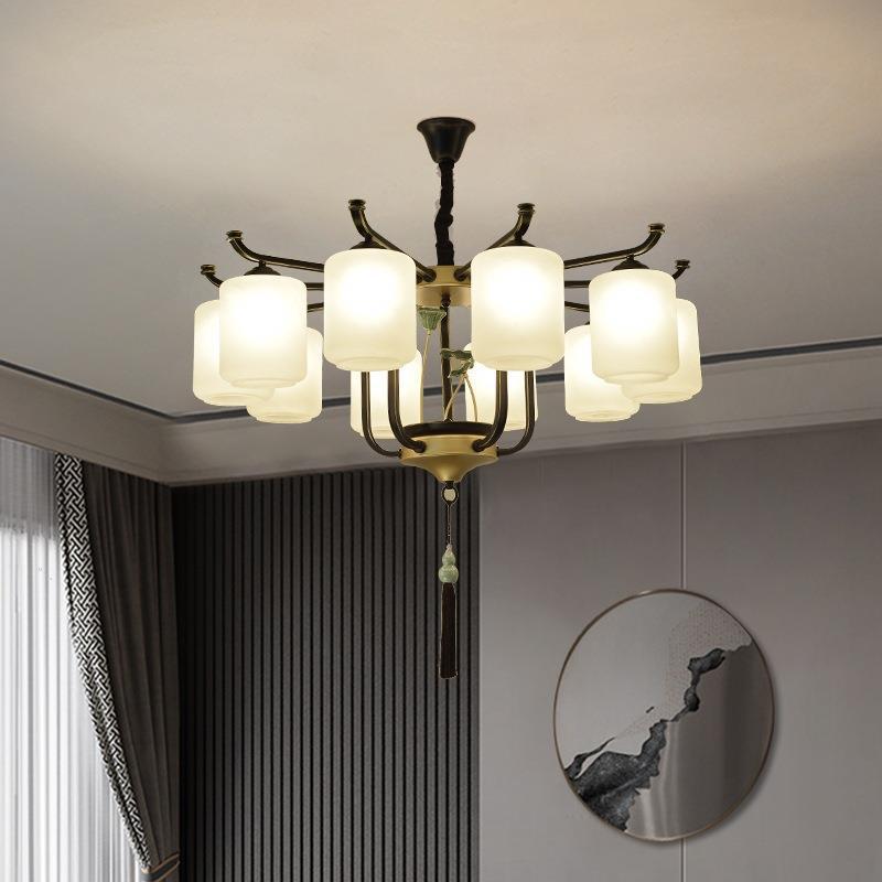 Elegant Traditional Chinese Iron Frame Chandelier with Glass Shade for Living Room