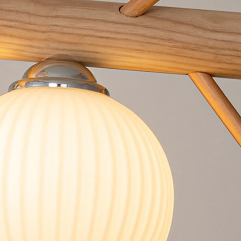 Elegant Traditional Japanese Wood and Glass 3-Light Chandelier for Living Room
