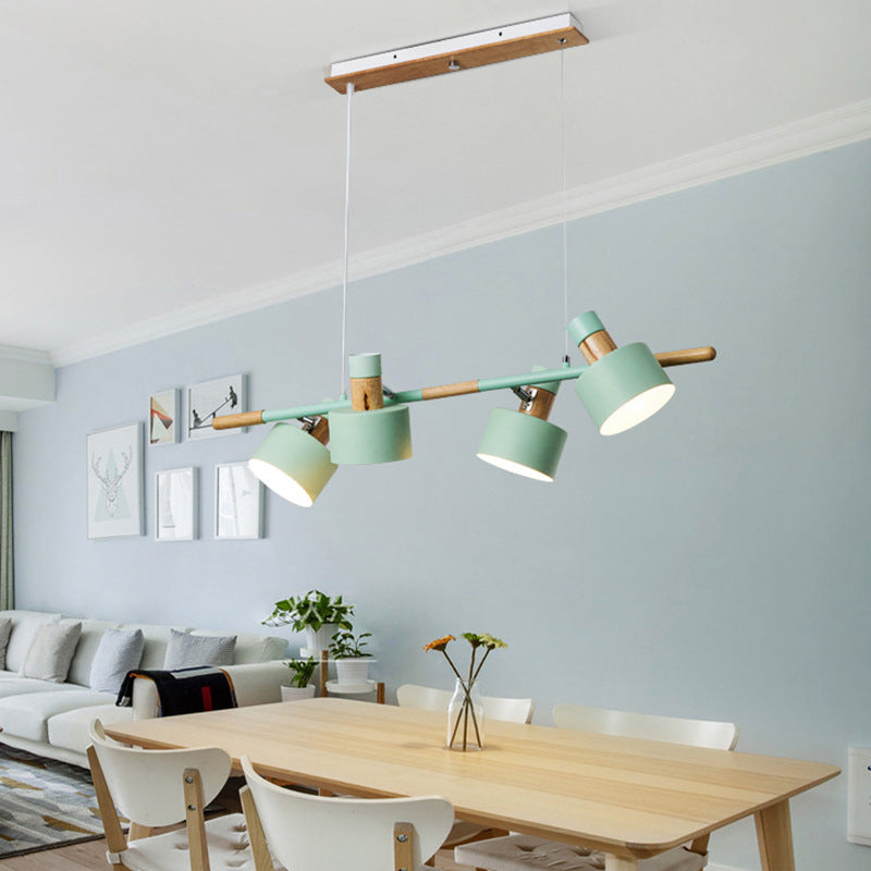 Nordic Minimalist 4-Light Macaron Color Wood & Iron Island Chandelier