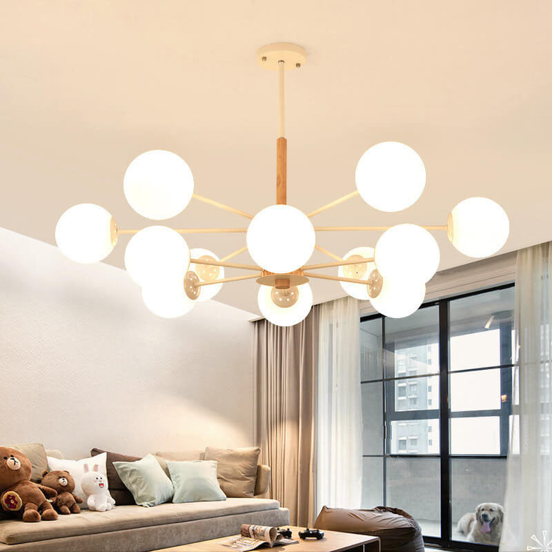 Contemporary Nordic Log Magic Bean Rubberwood Iron Glass 6/8/12/16-Light Chandelier For Living Room & Bedroom