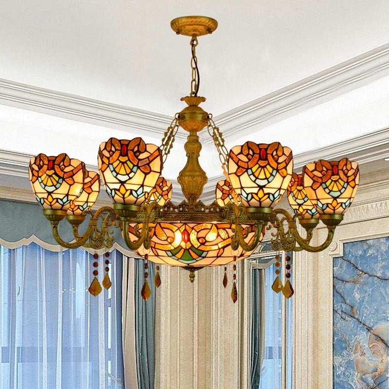 Vintage Tiffany Baroque Glass and Iron 8/11 Light Chandelier for Living Room