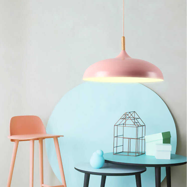 Sleek Black Metal and Wood Dome Pendant Light for Kitchen or Dining Room