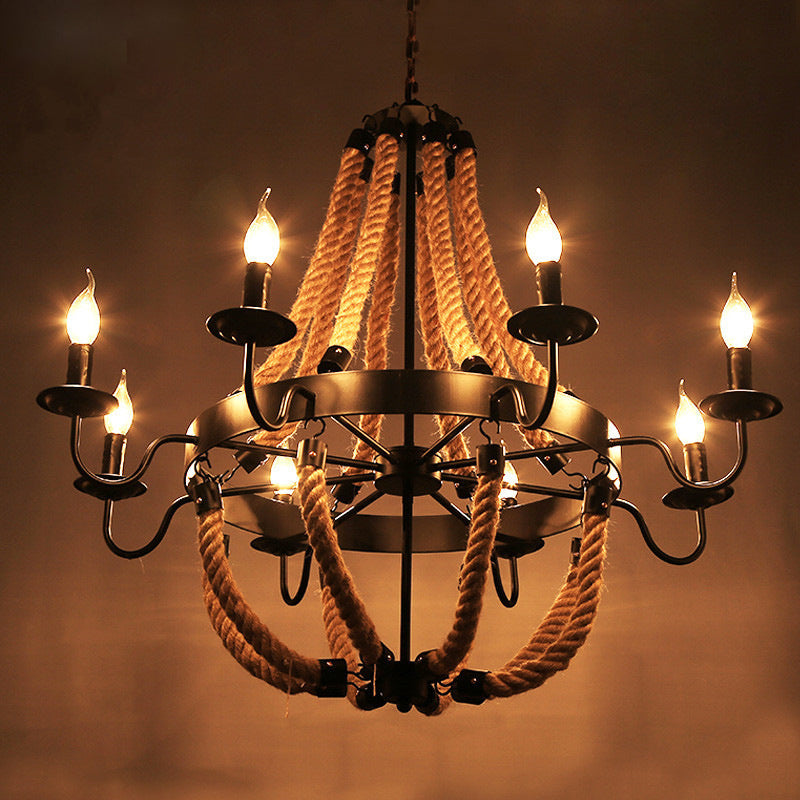 Vintage Black Wrought Iron Twine Chandelier 6/8 Lights for Dining Room