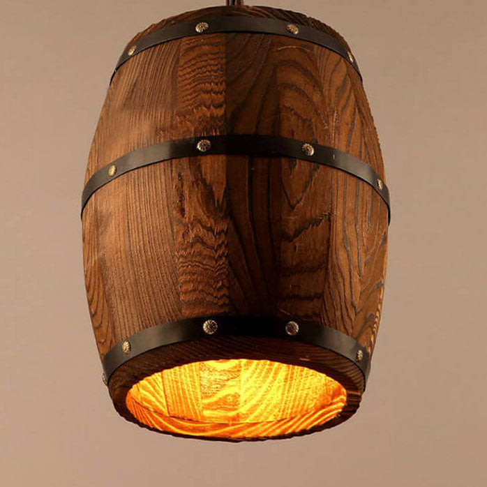 Rustic Round Iron & Wood Wine Barrel 1-Light Pendant for Dining Room