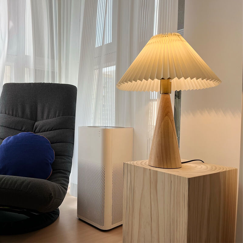 Vintage Japanese Minimalist Pleated Wood LED Table Lamp for Living Room