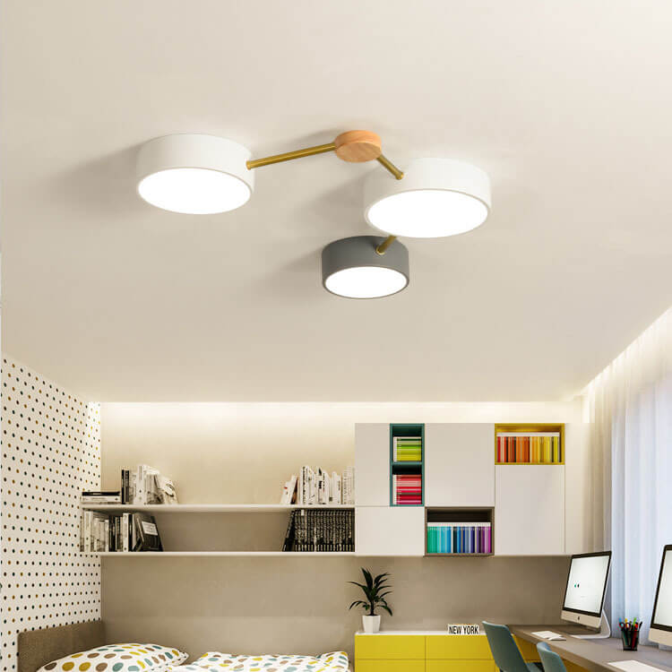 Scandinavian Minimalist Oak Wood and Iron LED Flush Mount Light Fixture