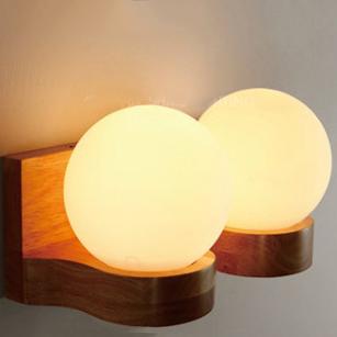 Modern Nordic Rubberwood Glass Ball 1/2-Light Wall Sconce for Bedroom