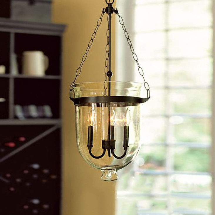 Rustic Iron 3-Light Round Glass Bucket Candelabra Chandelier for Living Room