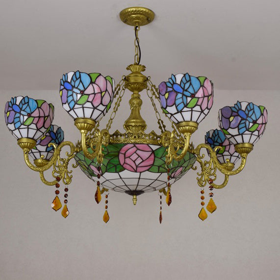 Vintage Tiffany-Style Floral Dome Iron Glass Chandelier for Living Room