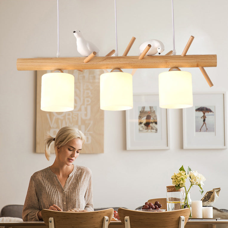 Scandinavian Wood and Glass Cylinder Chandelier for Dining Room Lighting