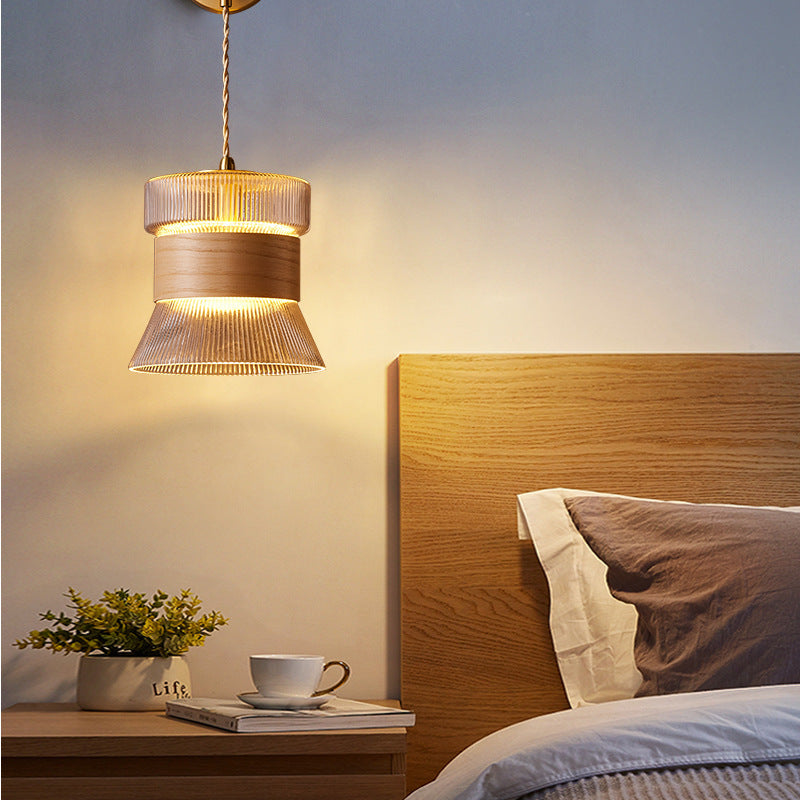 Rustic Japanese Walnut Glass Copper Cylinder Wall Sconce for Entryway