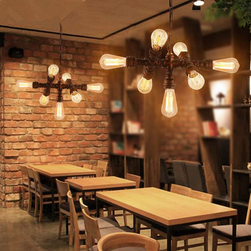 Rustic Industrial Black Iron 7-Light Water Pipe Chandelier for Loft Dining
