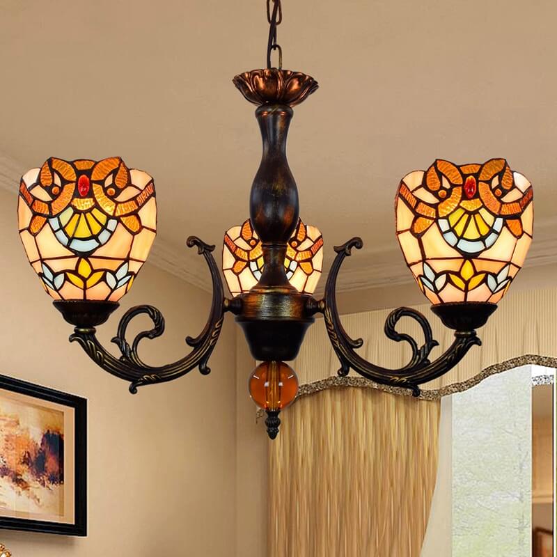 Traditional Tiffany Baroque Bell Alloy Glass 3-Light Chandelier For Living Room