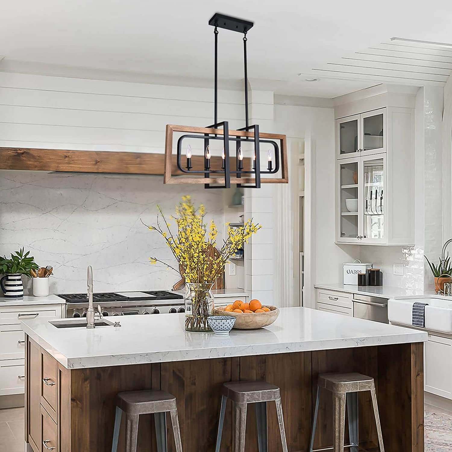 Rustic Vintage Wood and Iron 4/6 Light Rectangular Island Chandelier