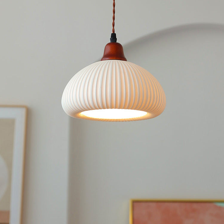 Japanese Ceramic Pleated Dome Pendant Light in Wood & Iron for Home