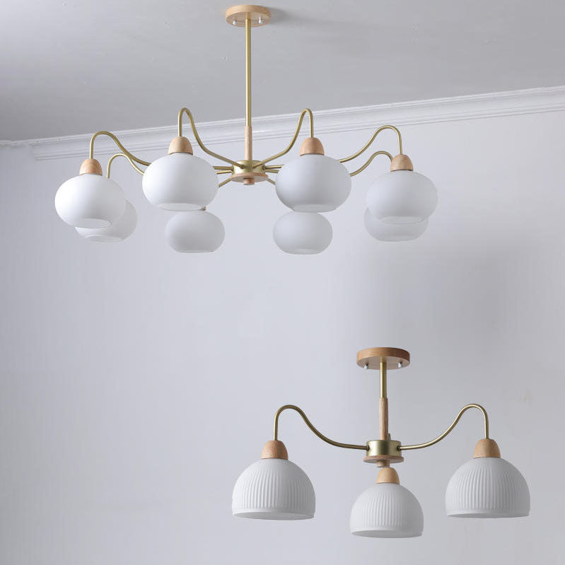 Scandinavian Rubberwood & Glass Round Chandelier for Modern Living Room