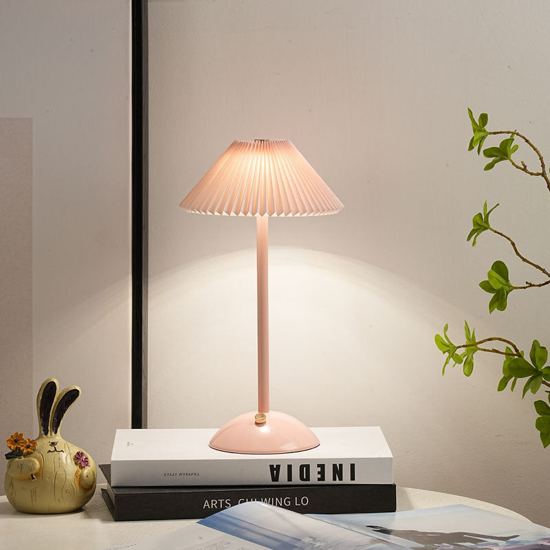 Modern Scandinavian Rechargeable Conic Pleated Fabric Table Lamp for Bedroom