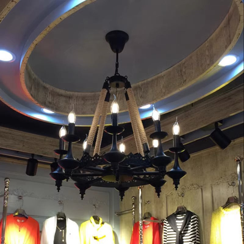 Rustic Iron and Hemp Rope Round Candelabra Chandelier for Living Room