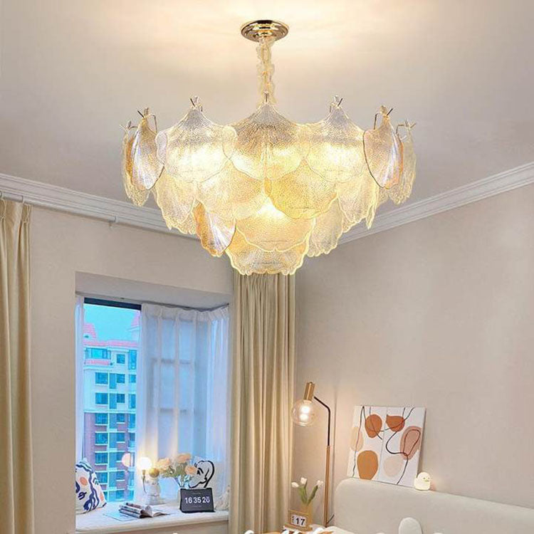 Elegant French Ginkgo Leaf Iron and Glass Chandelier for Living Room