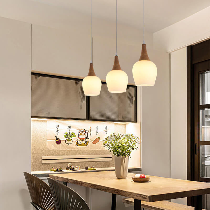 Nordic Solid Wood and Glass White Bottle Chandelier for Kitchen Island