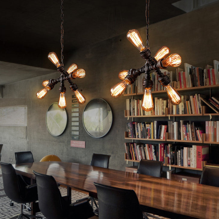 Rustic Industrial Black Iron 7-Light Water Pipe Chandelier for Loft Dining