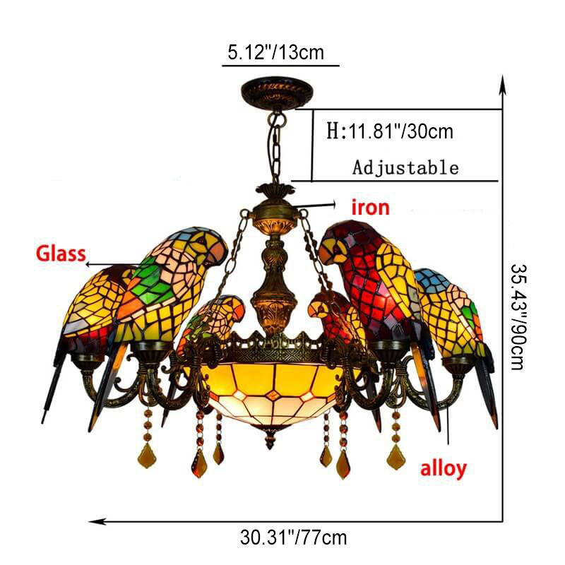 Vibrant Tiffany Stained Glass Parrot 8-Light Chandelier for Living Room