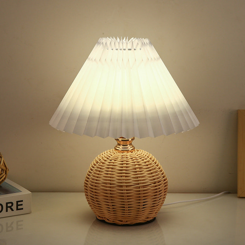 Scandinavian Rattan Pleated Conic LED Table Lamp for Modern Bedrooms