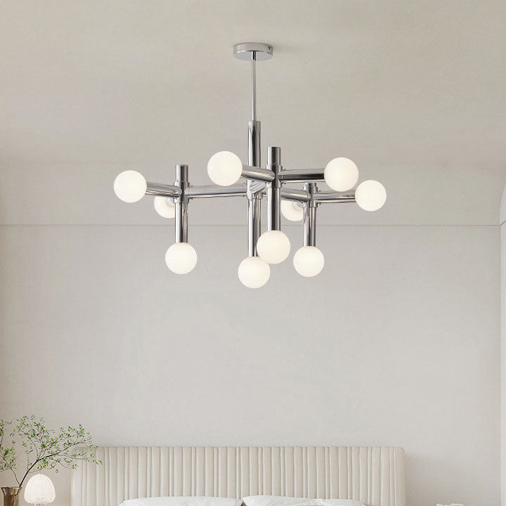 Mid-Century Modern Silver Iron 10-Light Glass Ball Chandelier for Living Room