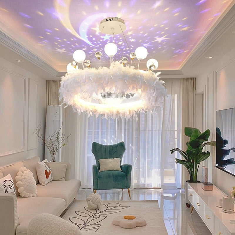 Modern White Acrylic Crown LED Chandelier with Feather Decor for Living Room