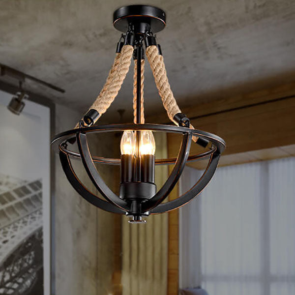 Rustic Industrial Iron 3-Light Twine Chandelier Pendant for Kitchen Island