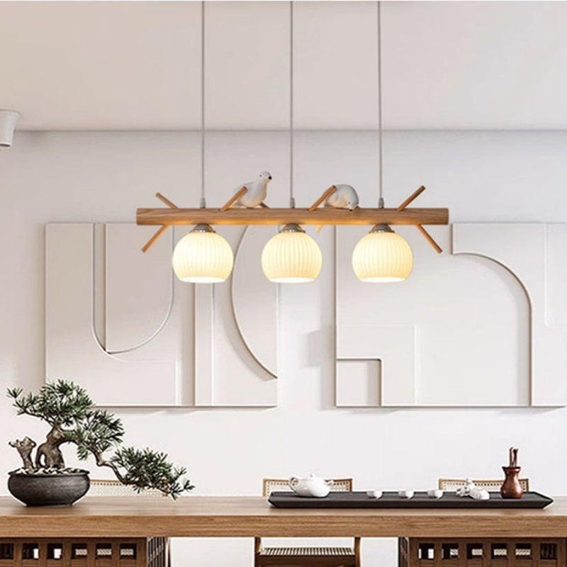 Elegant Traditional Japanese Wood and Glass 3-Light Chandelier for Living Room