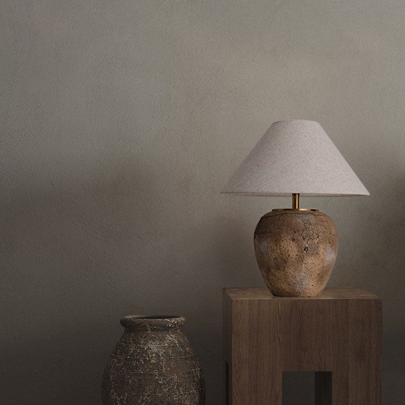 Rustic Shabby Chic Cone Fabric & Ceramic Table Lamp for Bedroom Decor