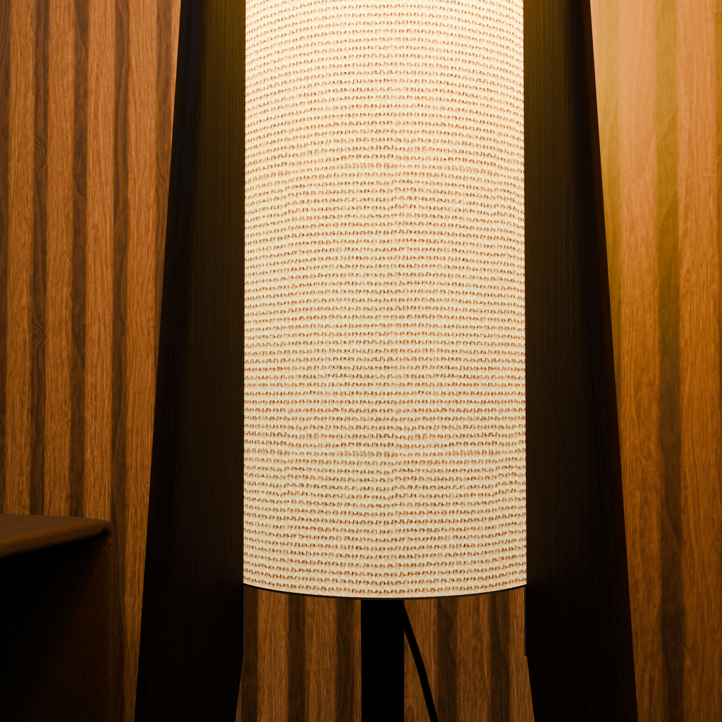 Modern White Fabric Floor Lamp with Wooden Base for Living Room Use