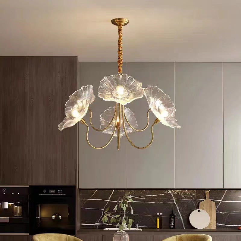 Art Deco Gold-Finish Lotus Leaf Glass Shade Chandelier for Living Room