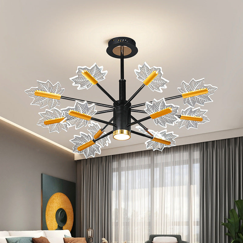Sleek Black Iron Acrylic LED Chandelier with Maple Leaf Design for Living Room