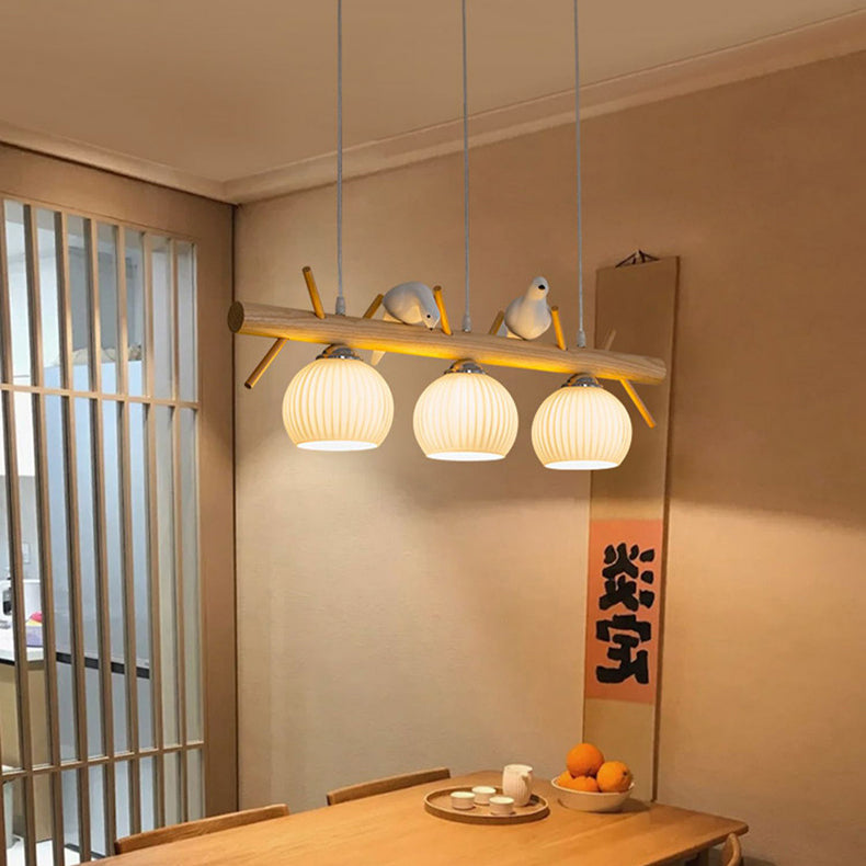Elegant Traditional Japanese Wood and Glass 3-Light Chandelier for Living Room