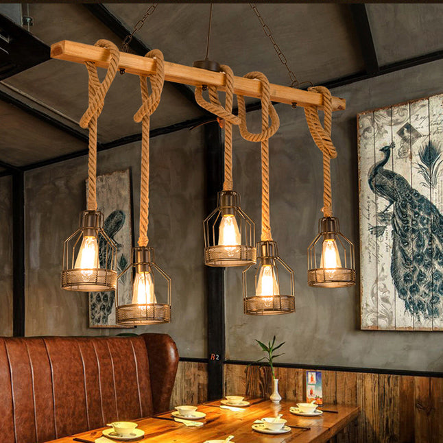 Rustic Wood Beam Iron Cage 5-Light Chandelier for Dining Room Decor
